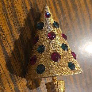 Gold Christmas Tree Brooch with Red and Blue Gems